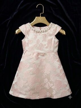 Girls' Pink Floral Jacquard Party Dress with Pearl Neckline